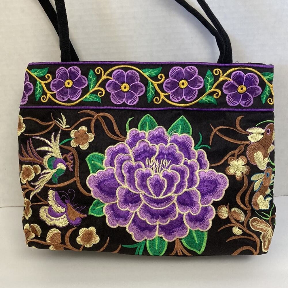 Embroidered Purse Pocketbook Bag Black Purples Tan New without Tags - Picture 2 of 9